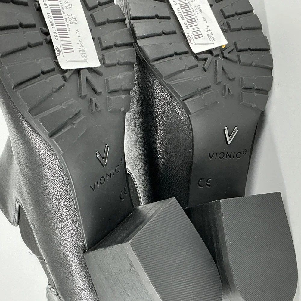 Vionic Size 8.5 Black‎ Leather Ankle Bootie Block Heel Lug Sole NEW Belmont $159